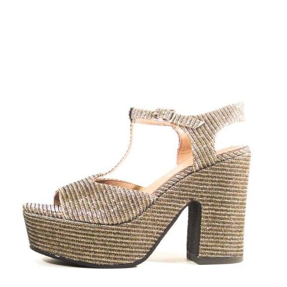 Chelsea Crew Quest T-Strap Platform Heels Shoes Gold Sparkle Sz 38 7-7.5 US - Picture 1 of 12